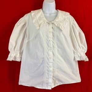 White 100% Cotton Lace Collar Pintuck Blouse Top Size P